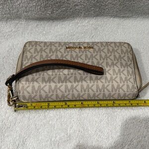Michael Kors Beige Monogram Zip Wristlet with Brown Strap